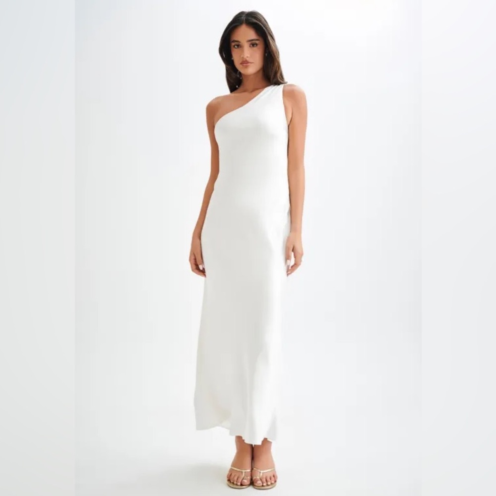 Meshki Camille over the shoulder satin maxi dress white